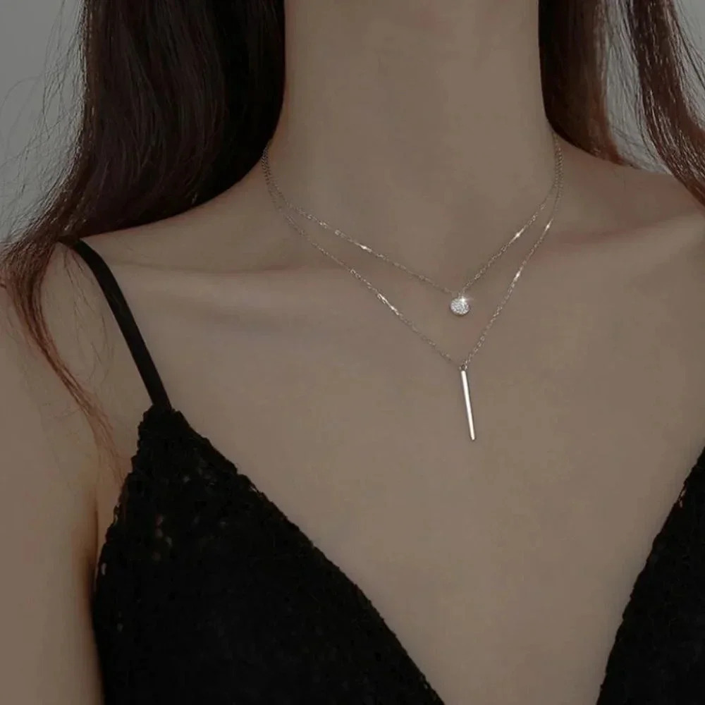 925 Sterling Silver Coin & Bar Layered Dainty Minimalist Chain Necklace - Picture 3 of 8